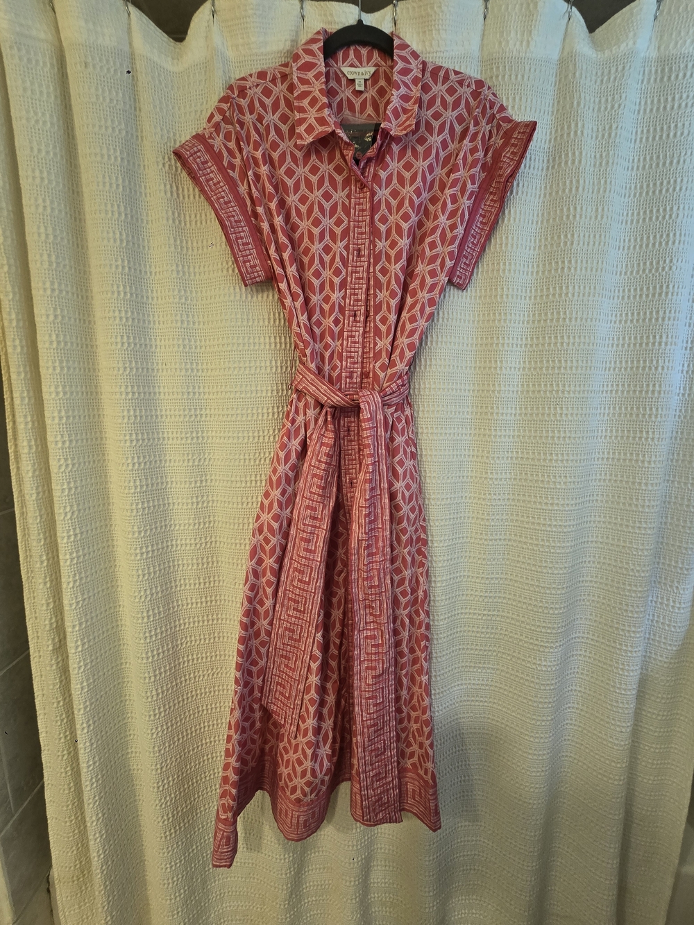 crown & ivy Pink Geometric Maxi Shirt Dress with Waist Tie